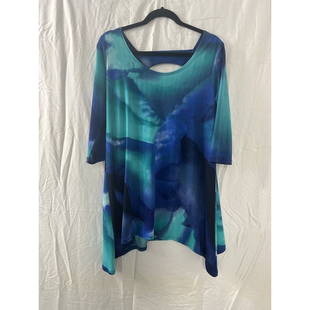 Clara Sunwoo Womens 3/4 Sleeve Tunic Top Blue Abstract Stretch Asymetric‎ Size S